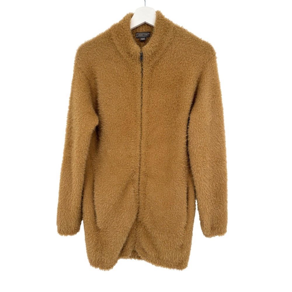 Point Sur Fuzzy Zip-Up Cardigan Sweater XXS Camel Tan Fluffy Knit
